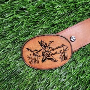 VTG 70s Hand Tooled Leather Belt Cowboy Duck Buckle Fits 36-43 Waist Western